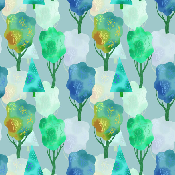 大自然无缝图案与彩色树木水彩。图片下载