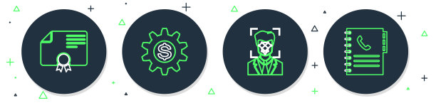 设置线齿轮与美元符号，人脸识别，证书模板和电话簿图标。向量图片下载