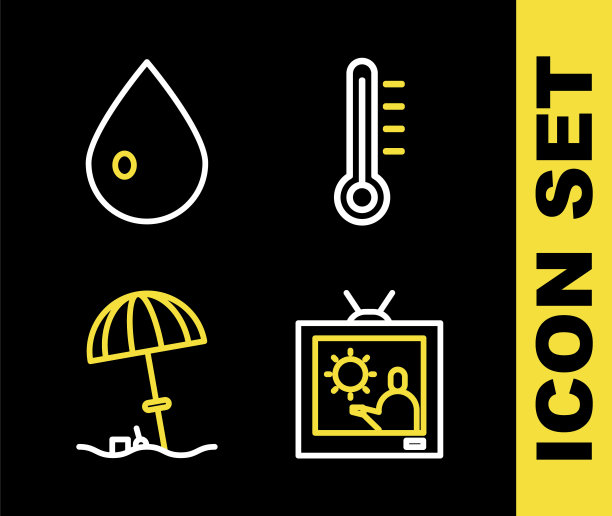 设置线气象温度计，天气预报，太阳保护伞海滩和水滴图标。向量图片下载