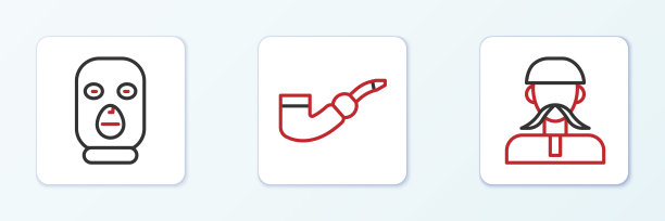 设置线乌克兰哥萨克，小偷面具和烟斗图标。向量图片下载