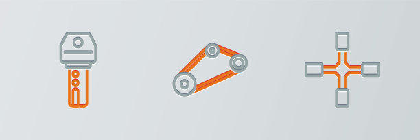 设置线轮扳手，汽车钥匙遥控和同步带套件图标。向量图片下载