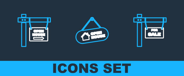 设置线悬挂标志与待售，开放房屋和图标。向量图片下载