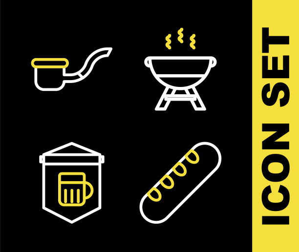 烧烤架，法式长棍面包，啤酒招牌，烟斗标志。向量图片下载