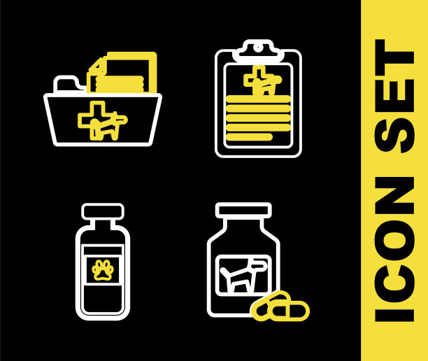 设置线临床记录宠物，狗药瓶和药丸，宠物药瓶和兽医文件夹图标。向量图片下载