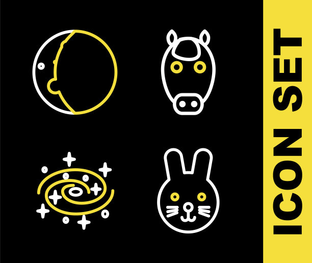 设置十二生肖线马、兔、银河系螺旋星系和日蚀的太阳图标。向量图片下载