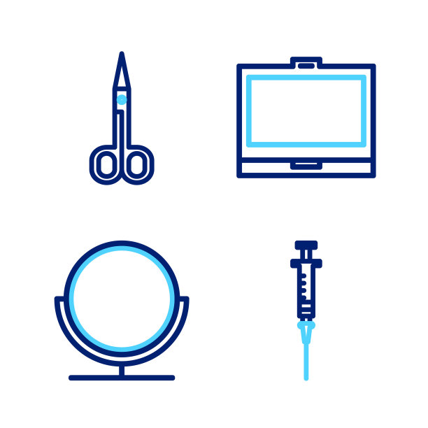 设置线注射器，圆形化妆镜，化妆粉和剪刀图标。向量图片下载