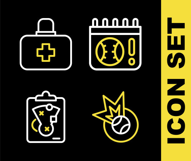 设置线日历与棒球游戏，棒球，计划策略和急救箱图标。向量图片下载