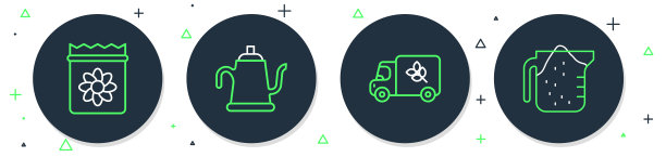 设置线洒水罐，面粉卡车，装满植物种子和测量杯图标。向量图片下载