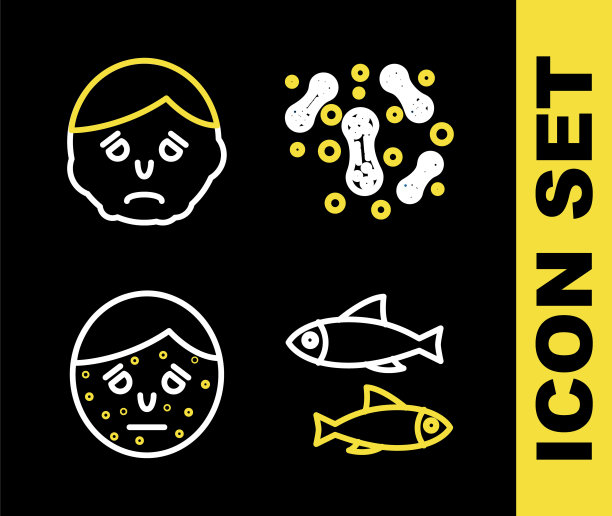 在面部图标上设置细菌、鱼、有银屑病或湿疹的脸和炎症线。向量图片下载