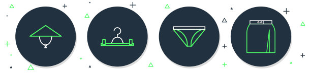 集线衣架衣柜，男士内裤，亚洲锥形帽子和裙子图标。向量图片下载