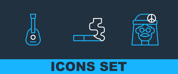 集线嬉皮女孩，吉他和香烟的图标。向量图片下载