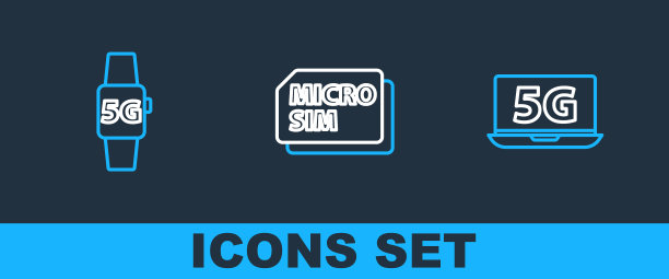 设置线上笔记本电脑与5G网络，智能手表和Micro Sim卡图标。向量图片下载