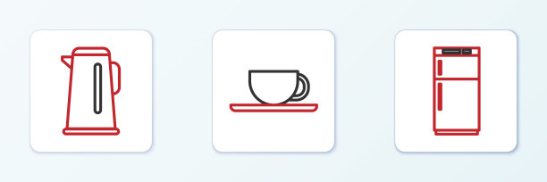 设置线冰箱，水壶与把手和咖啡杯图标。向量图片下载