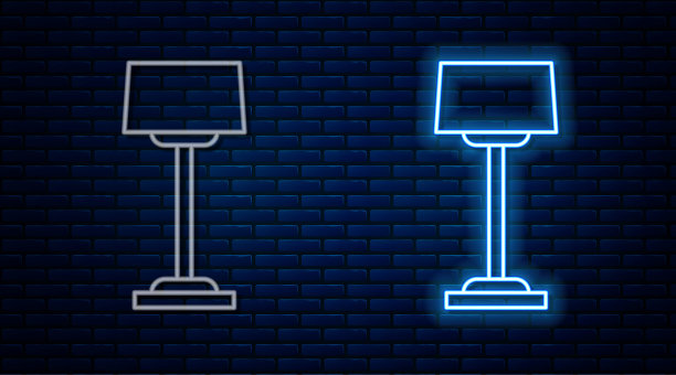 发光的霓虹灯线落地灯图标孤立在砖墙背景上。向量图片下载