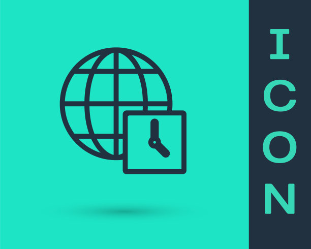 黑线世界时间图标孤立在绿色背景上。时钟和全球。向量图片下载