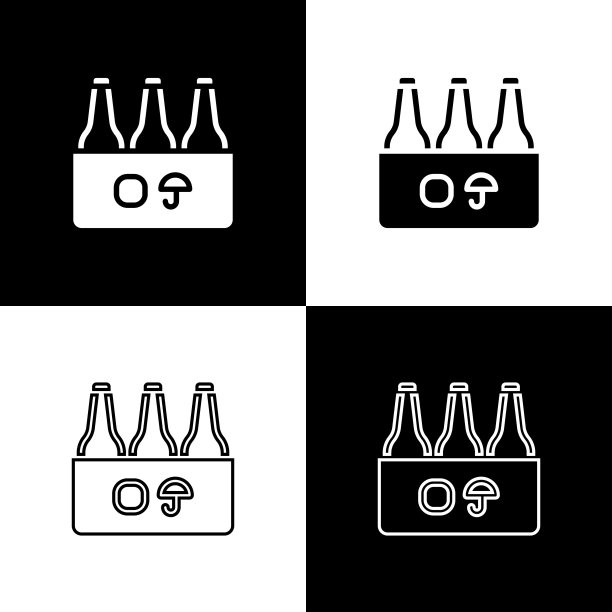 设置包的啤酒瓶图标孤立在黑白背景上。箱式啤酒箱招牌。向量图片下载