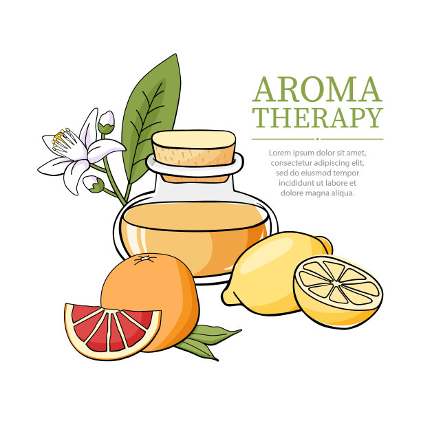 与香薰疗法配件和精油的组合。玻璃瓶，柠檬，橙花和葡萄柚。适合水疗、美容美发、化妆品设计。白色背景上的矢量插图图片下载
