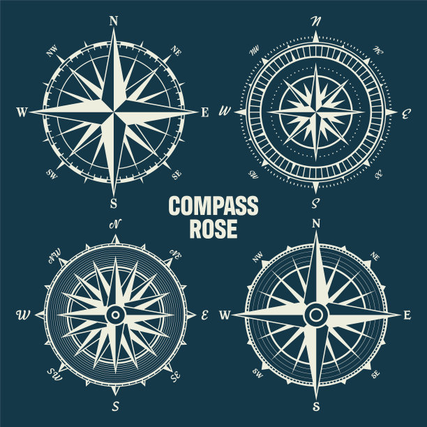复古海风玫瑰，海图。单色导航罗盘与基本方向的北，东，南，西。地理位置、制图和导航。矢量图图片下载