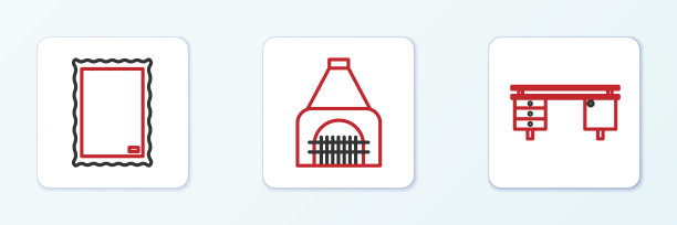 设置线办公室办公桌，图片和室内壁炉图标。向量图片下载