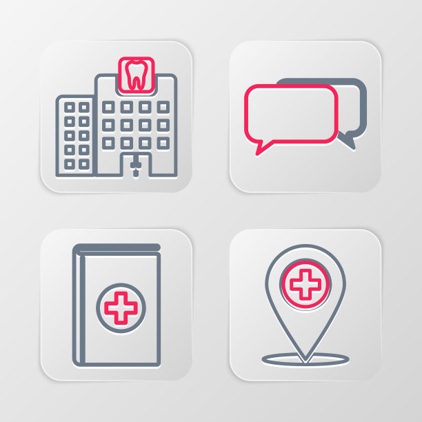 设置线医疗位置与交叉，书，聊天和牙科诊所图标。向量图片下载