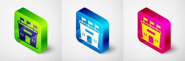 在灰色背景上孤立的等距足球场图标。足球领域。方形按钮。向量图片下载