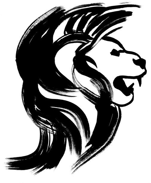 一个进攻性的狮子的头部插图与咧嘴的剪影在侧面画图片下载