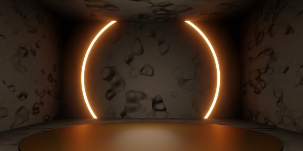 房间和产品货架装饰用圆形激光灯与技术风格的地板和墙壁图案3D插图图片下载