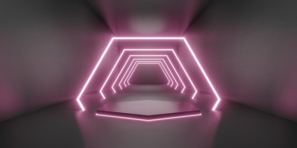 产品货架背景与六边形激光技术风格的地板和墙壁3D插图图片下载