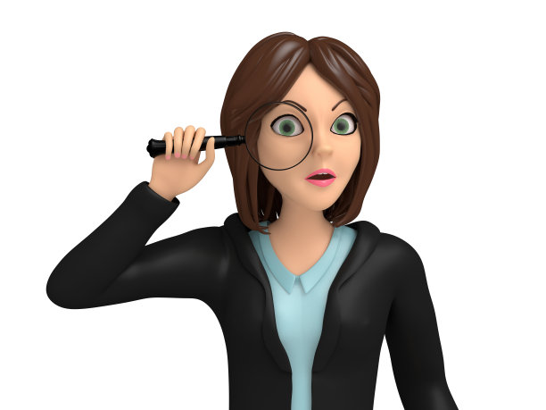 卡通人物中的女性通过放大镜惊奇而有趣地看着。研究的概念。三维渲染图片下载