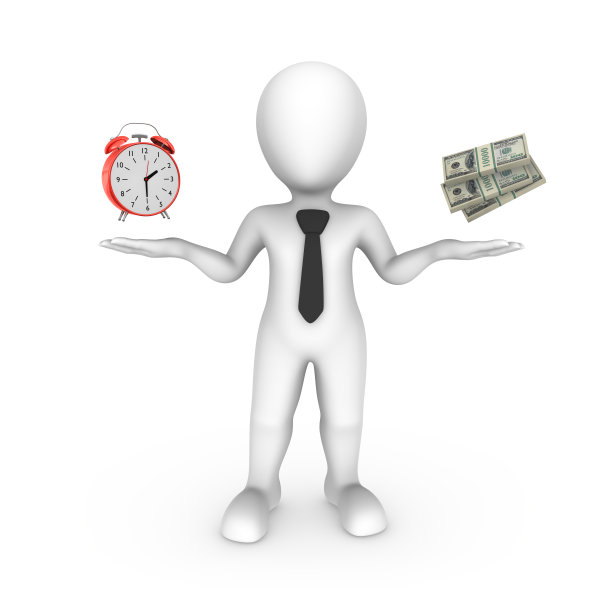 3d白人，带闹钟和钱袋。图片下载