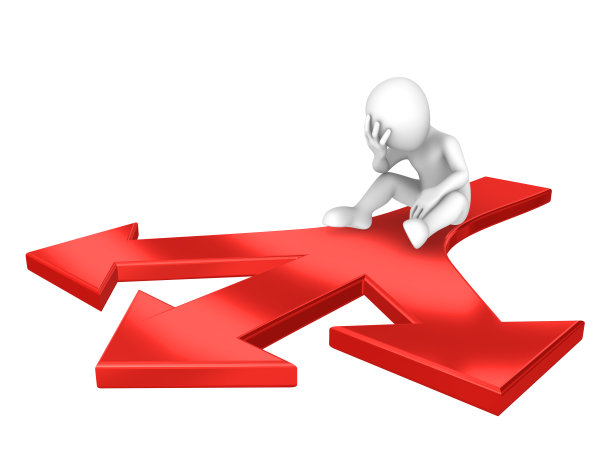 红色箭头上的3d悲伤思考人。选择的概念。图片下载