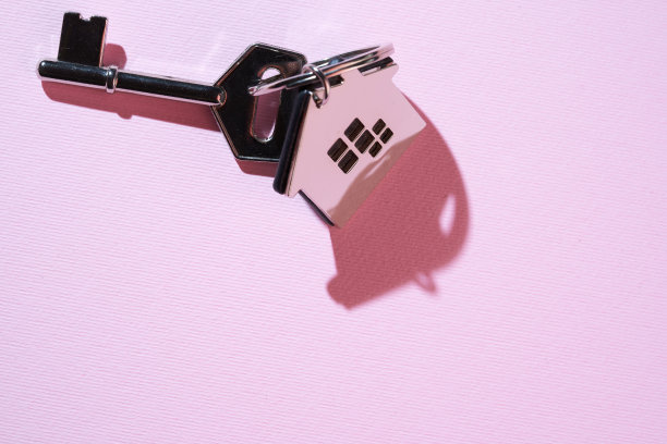 金属房子形状钥匙环对粉红色的背景图片下载