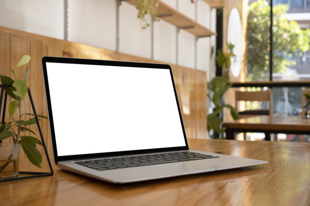 电脑、笔记本电脑和木桌上的盆栽。广告的空白屏幕。图片下载