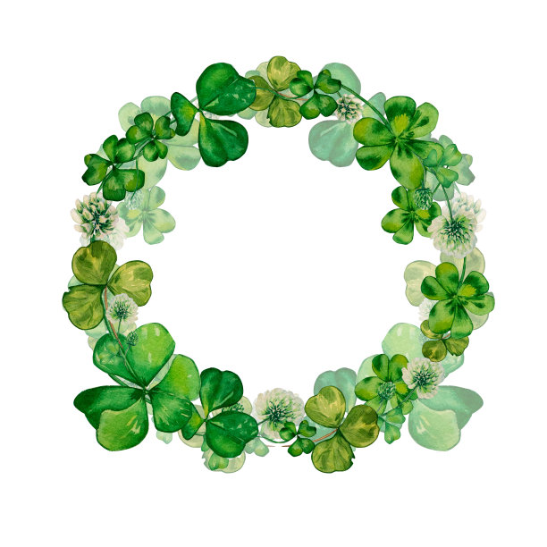 三叶草和三叶草框架在白色背景水彩图片下载