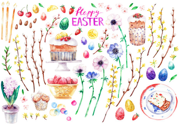 手绘水彩复活节彩蛋，蛋糕，蜡烛，花，柳枝图片下载