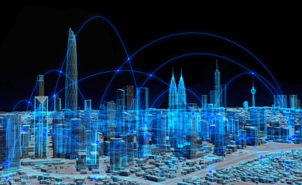 3D渲染，数字吉隆坡城市线框亮蓝色和白色的粒子，球粒子连接无线。数字技术与通信概念。图片下载