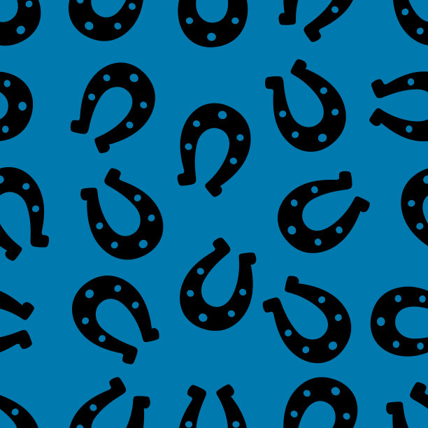 幸运马蹄铁的剪影。无缝的矢量模式。无尽的点缀。孤立的蓝色背景。马鞋。模仿水墨画。图片下载