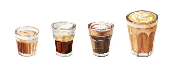 手绘水彩设置与咖啡饮料的咖啡菜单。手绘水彩咖啡杯，美式咖啡，卡布奇诺，平白，浓缩咖啡，拿铁咖啡在白色背景孤立图片下载
