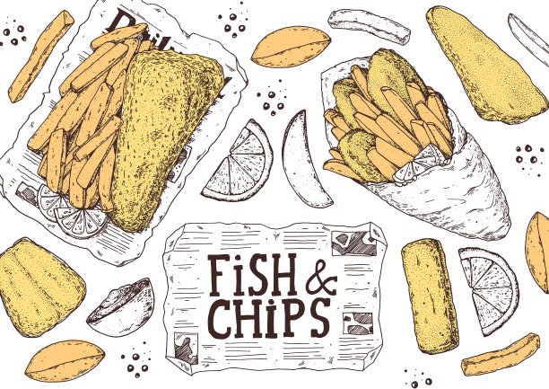 鱼和薯条素描矢量插图。英国酒吧的食物。手绘草图。煮鱼和薯条。雕刻手绘复古形象。菜单设计模板。图片下载