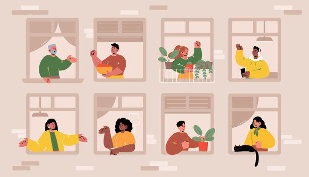 房子正面有生气争吵的人在窗户里图片下载