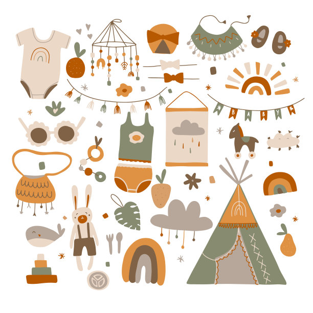 一套可爱的波西米亚婴儿对象在斯堪的纳维亚风格。卡通涂鸦儿童剪纸婴儿淋浴邀请卡，托儿所装饰，海报。可编辑的矢量图。图片下载