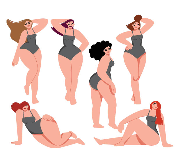 浅肤色的女孩摆出各种姿势。身体积极的。爱你的身体图片下载