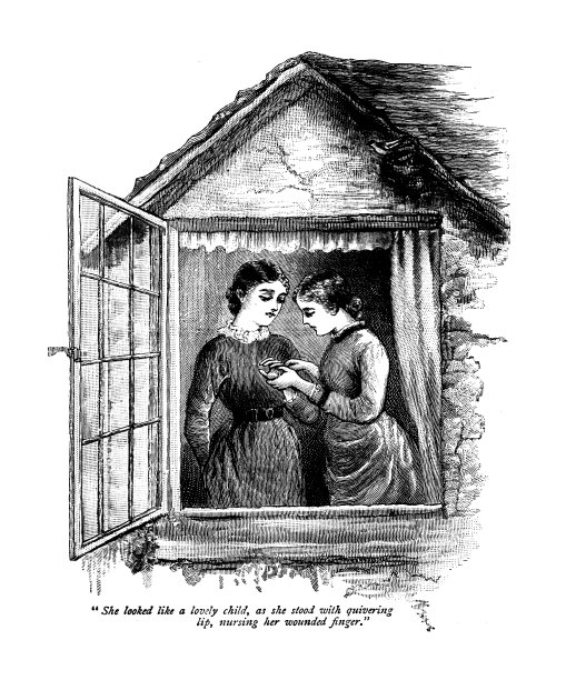 19世纪的故事版画;两个女人站在阁楼窗口;文本;《我们自己的公报》1887年图片下载