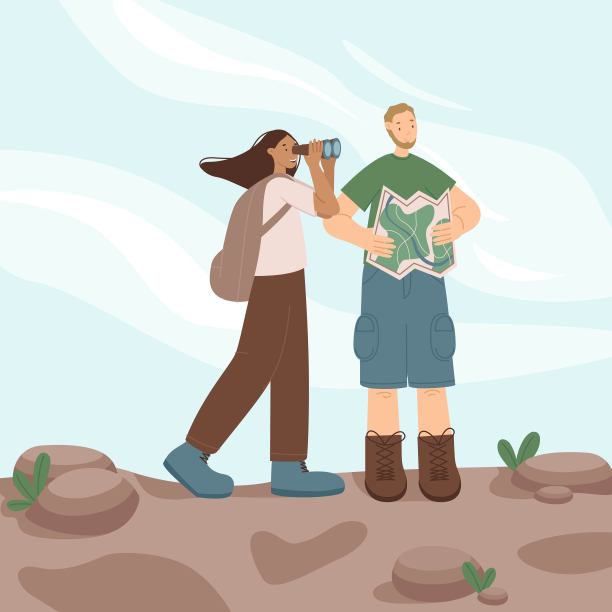 快乐的旅行者在地图上寻找正确的道路，并通过双筒望远镜矢量图看山。穿着登山服背着背包的男男女女。图片下载