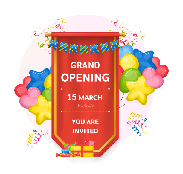 逼真的红色三角旗纺织品旗，盛大的开幕标签。广告画布打开横幅矢量图片下载