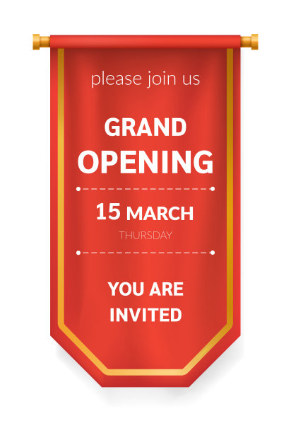 逼真的红色三角旗纺织品旗，盛大的开幕标签。广告画布打开横幅矢量图片下载