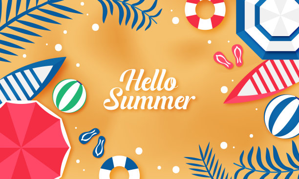 Hello Summer庆祝横幅或海报设计与海滩元素背景的顶视图图片下载