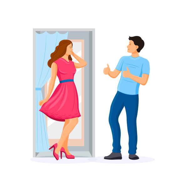 女孩和年轻人在一起，挑选和试穿衣服。图片下载