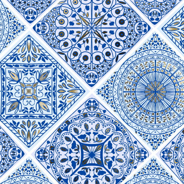 一组手工绘制的马赛克瓷砖在蓝色和白色的设计与黄金图片下载