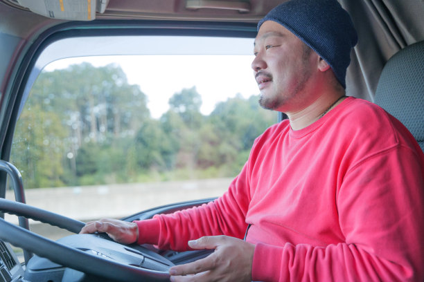 微笑的男性司机驾驶重型卡车图片下载